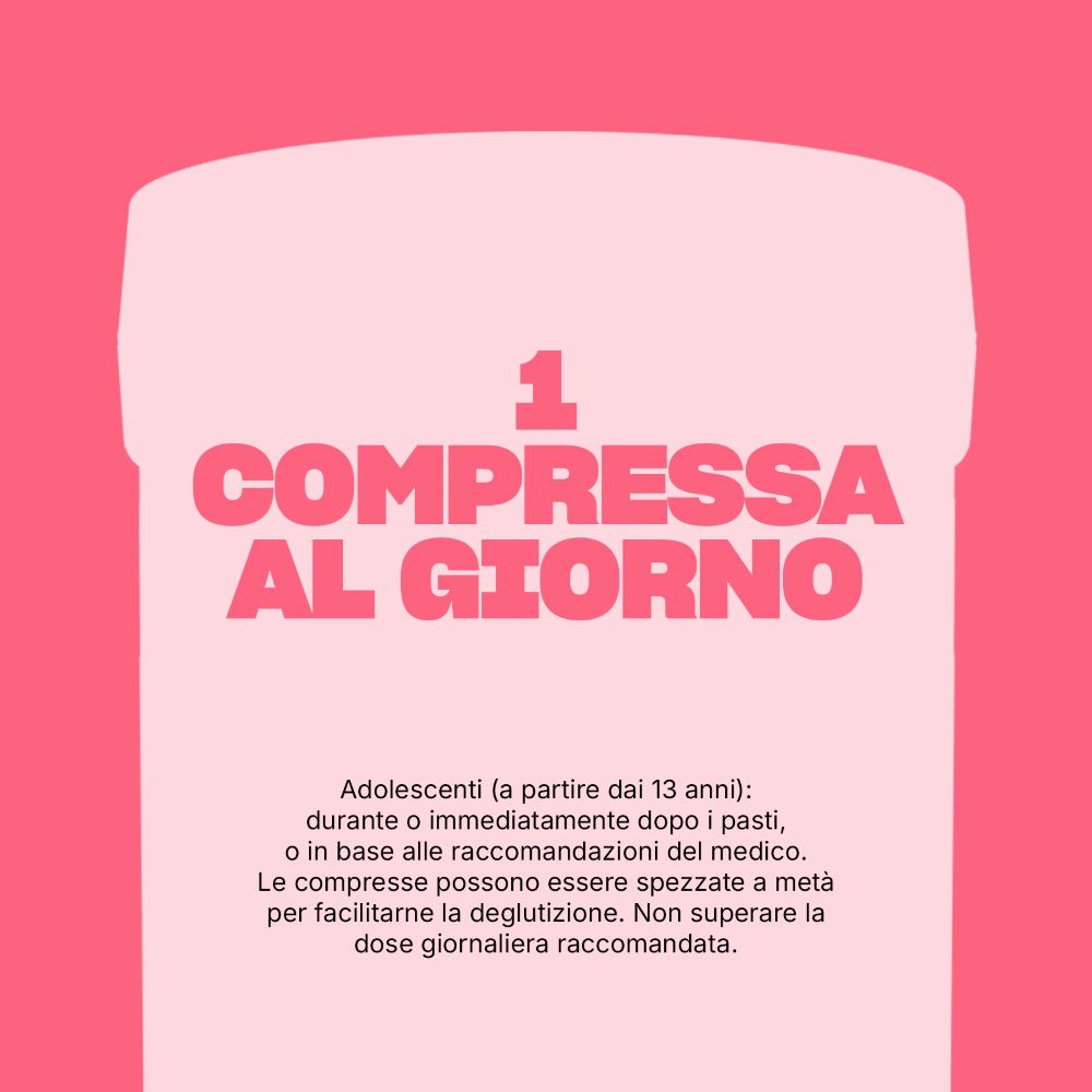 Istruzioni: 1 compressa al giorno, per adolescenti dai 13 anni.