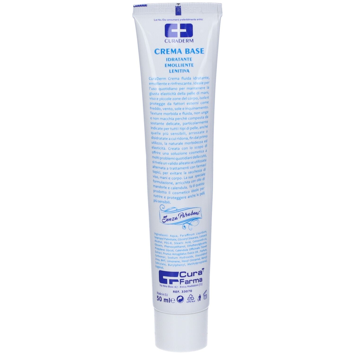 Tubo di crema con informazioni sul prodotto. Scritto: Curaderm Crema Base. Con mandorle e calendula. Senza parabeni.