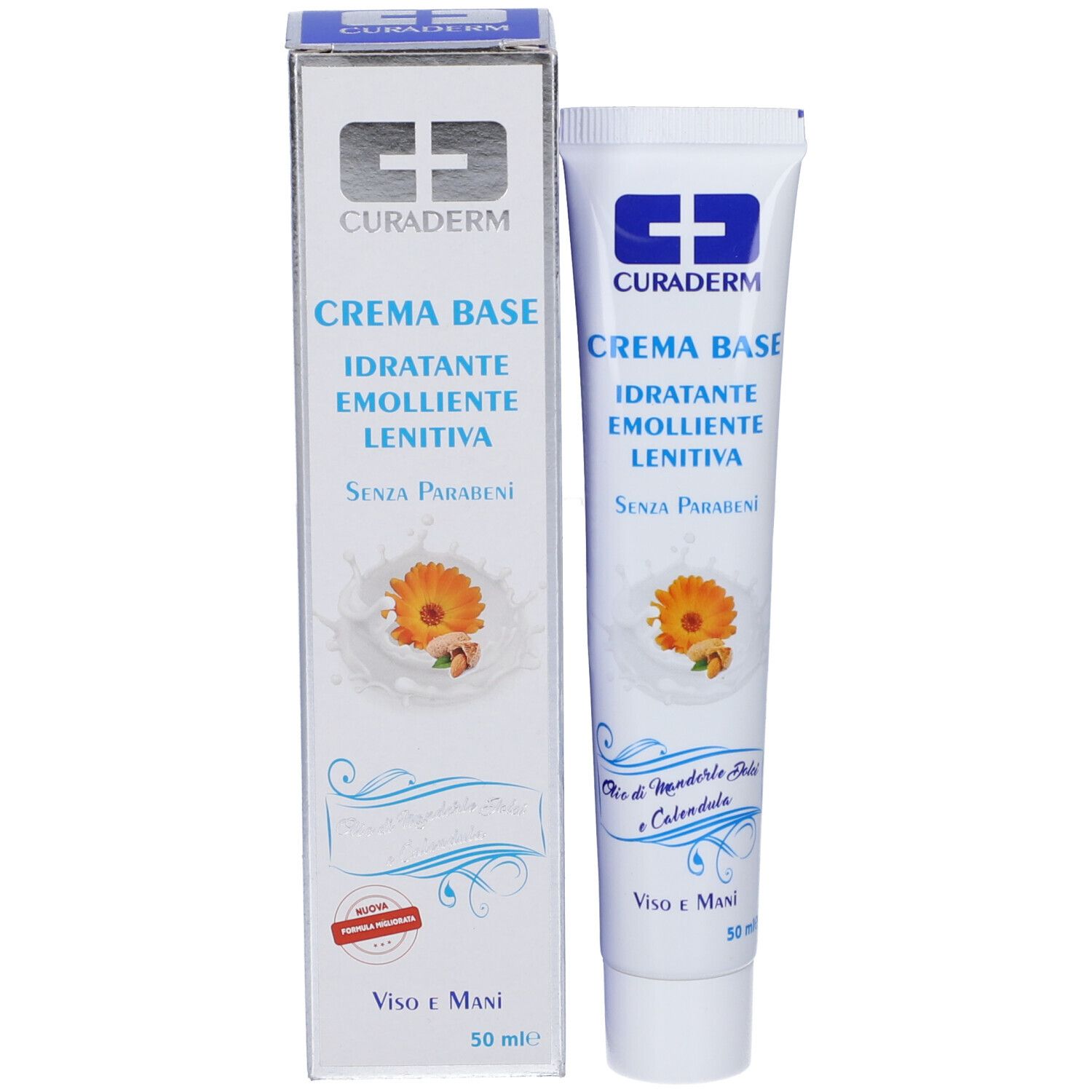 Confezione del prodotto con tubo di crema e scatola. Scritto: Curaderm Crema Base. Con mandorle e calendula. Senza parabeni.