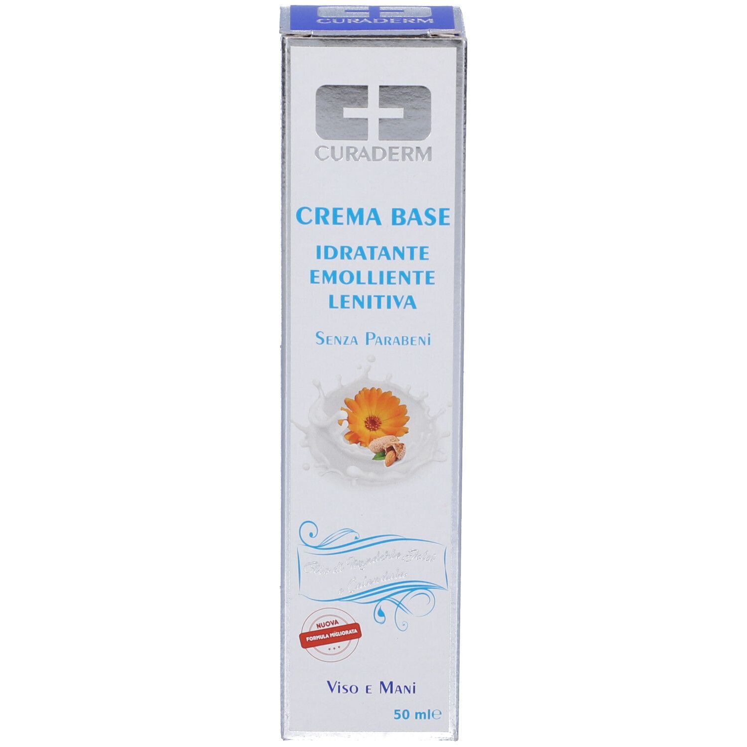 Confezione del prodotto con scatola. Scritto: Curaderm Crema Base. Con mandorle e calendula. Senza parabeni.