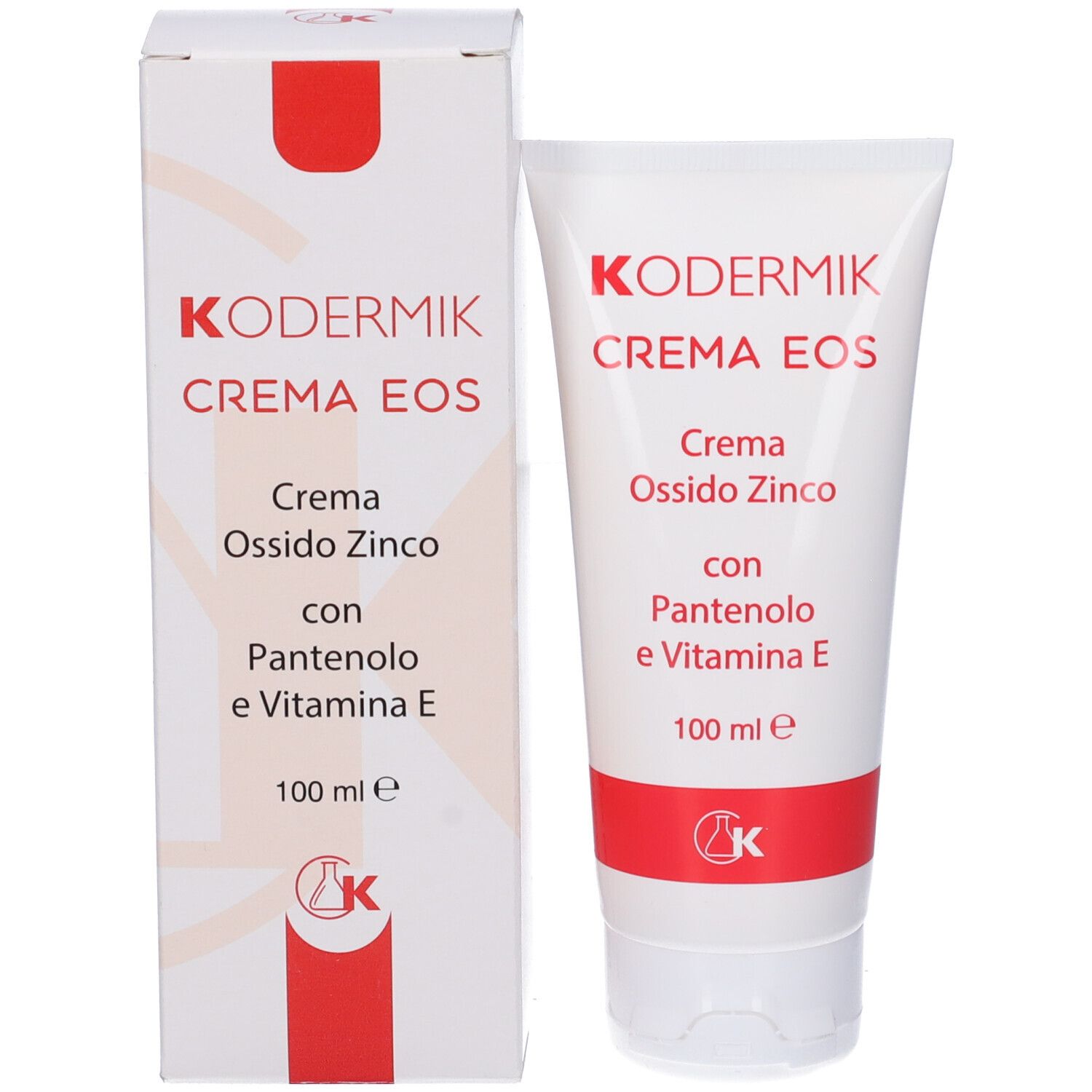 Confezione del prodotto: tubo e scatola. Testo: Kodermik Crema Eos, Crema Ossido Zinco, con Pantenolo e Vitamina E. 100 ml.