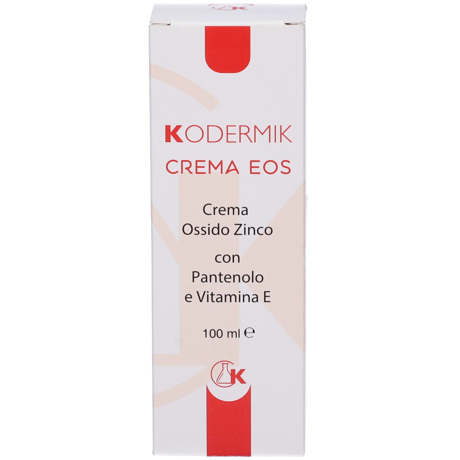 Scatola bianca con striscia rossa. Testo: Kodermik Crema Eos, Crema Ossido Zinco, con Pantenolo e Vitamina E. 100 ml.