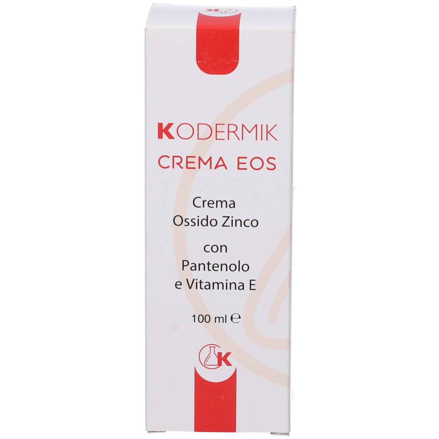 Scatola bianca con striscia rossa. Testo: Kodermik Crema Eos, Crema Ossido Zinco, con Pantenolo e Vitamina E. 100 ml.