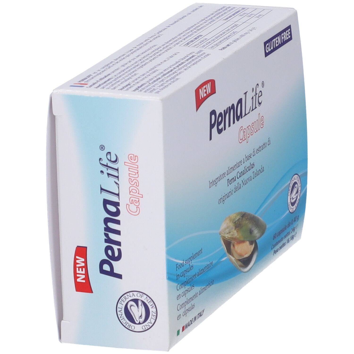 Scatola PernaLife Capsule. Scritta: Nuovo, senza glutine. Immagine di una cozza.