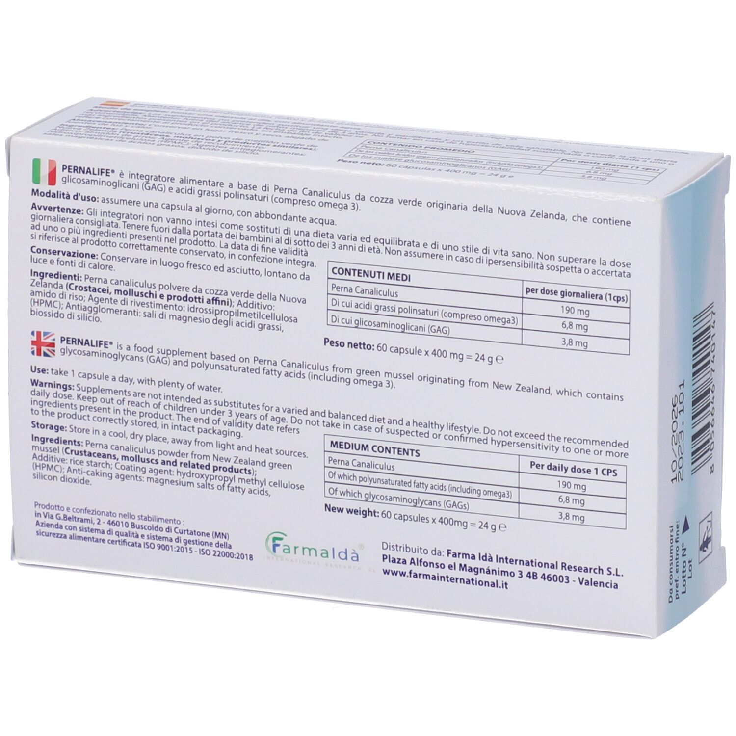 Retro della scatola PernaLife Capsule. Contiene informazioni sugli ingredienti e l'uso.