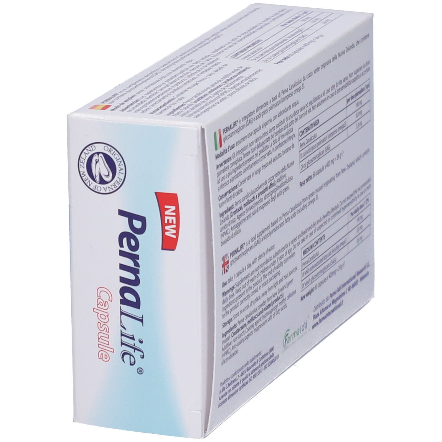 Scatola PernaLife Capsule. Scritta: PernaLife Capsule, senza glutine. Retro con testo.