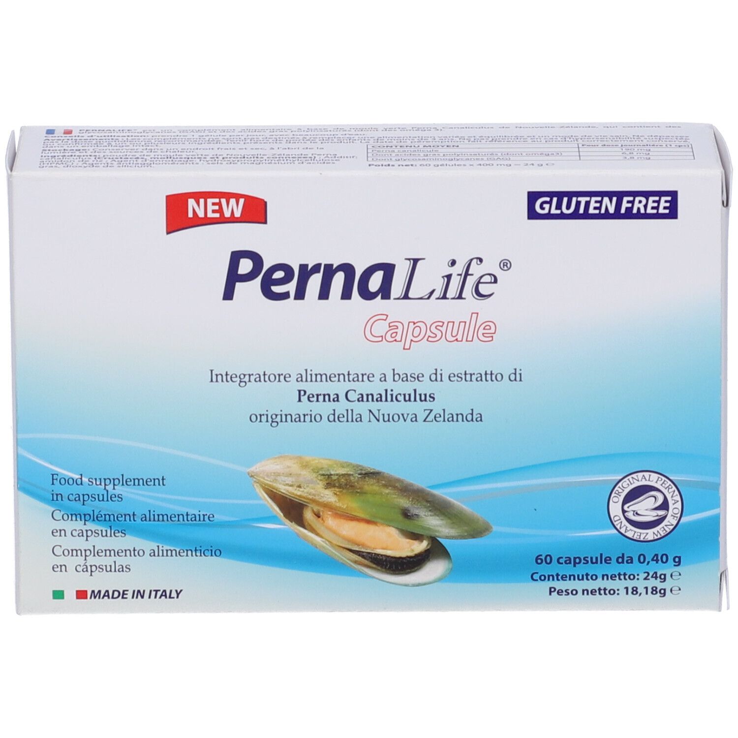 Scatola PernaLife Capsule. Scritta: PernaLife Capsule, senza glutine. Contiene 60 capsule.