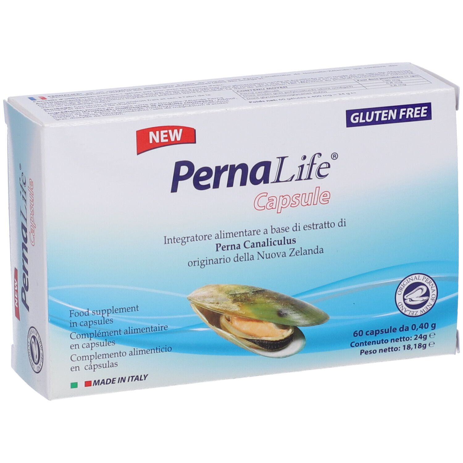Scatola PernaLife Capsule. Scritta: PernaLife Capsule, senza glutine. Contiene 60 capsule.