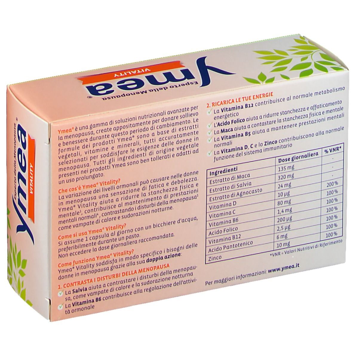 Retro della confezione di Ymea® Vitality Compresse. Contiene informazioni sugli ingredienti e i valori nutrizionali.