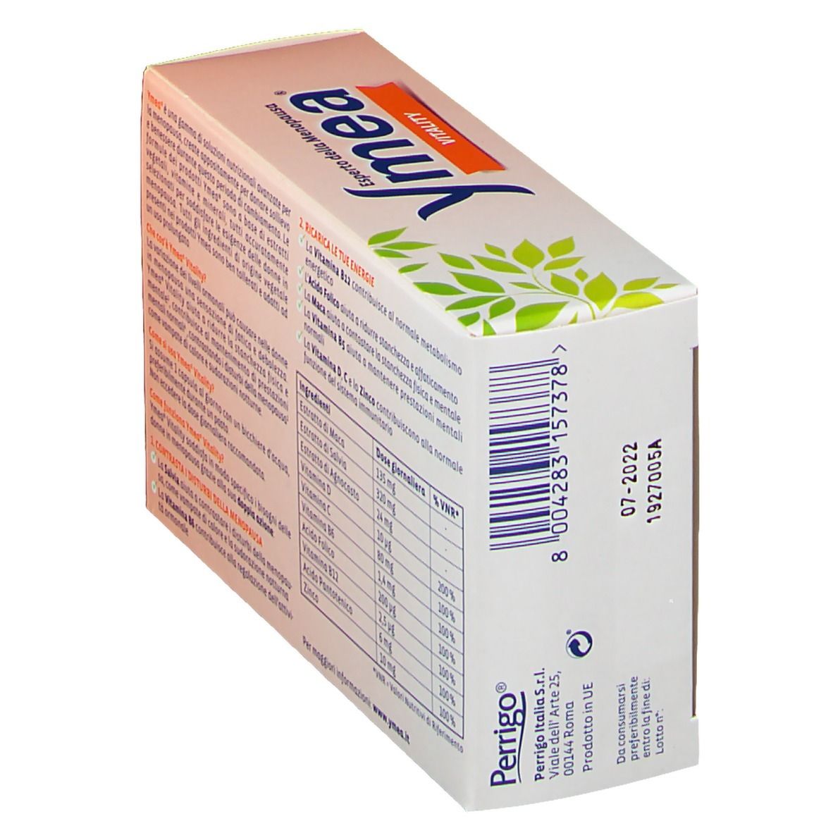 Vista laterale della confezione di Ymea® Vitality Compresse. Contiene informazioni e la data di scadenza.