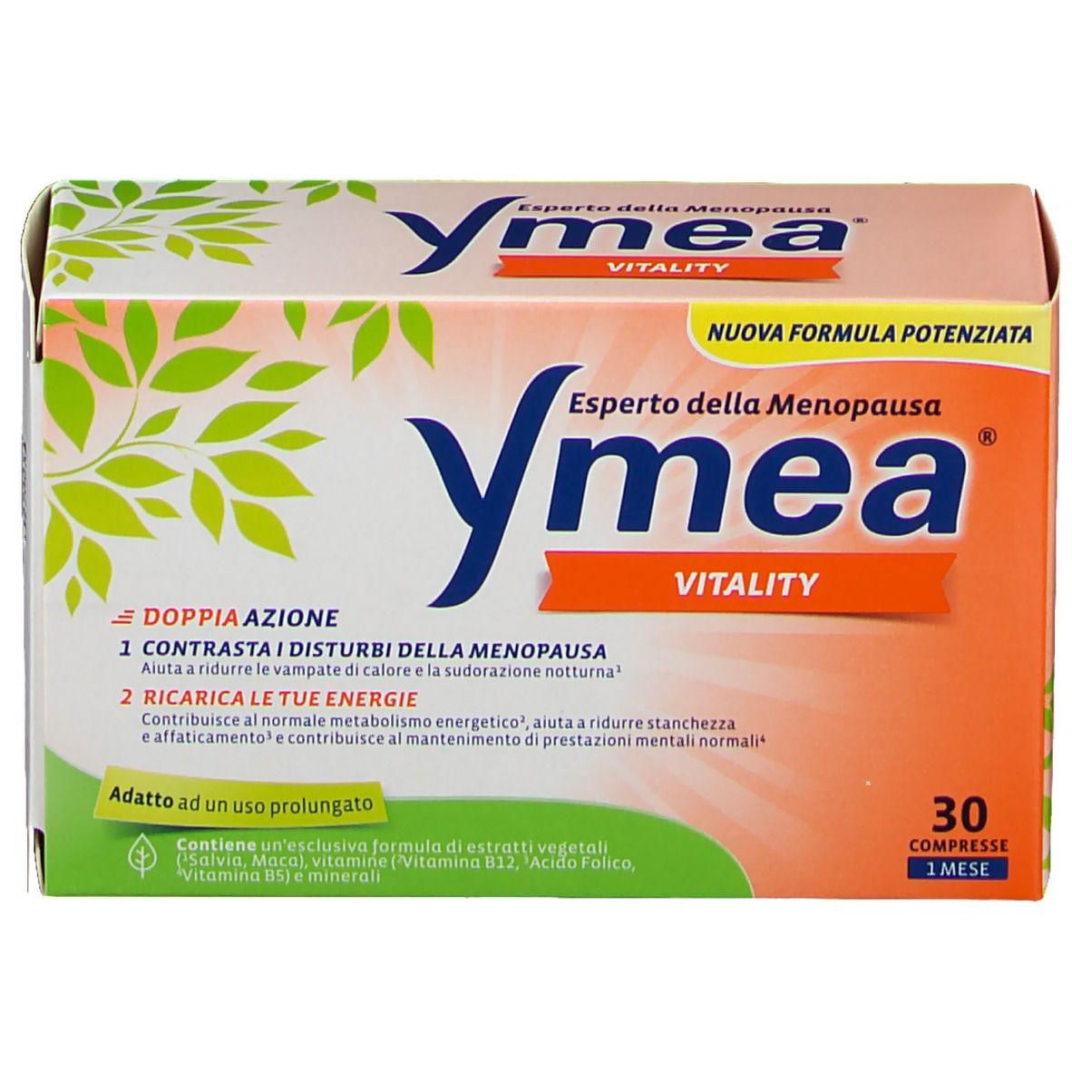 Fronte della confezione di Ymea® Vitality Compresse. Design arancione e bianco, nome del prodotto e 30 compresse.