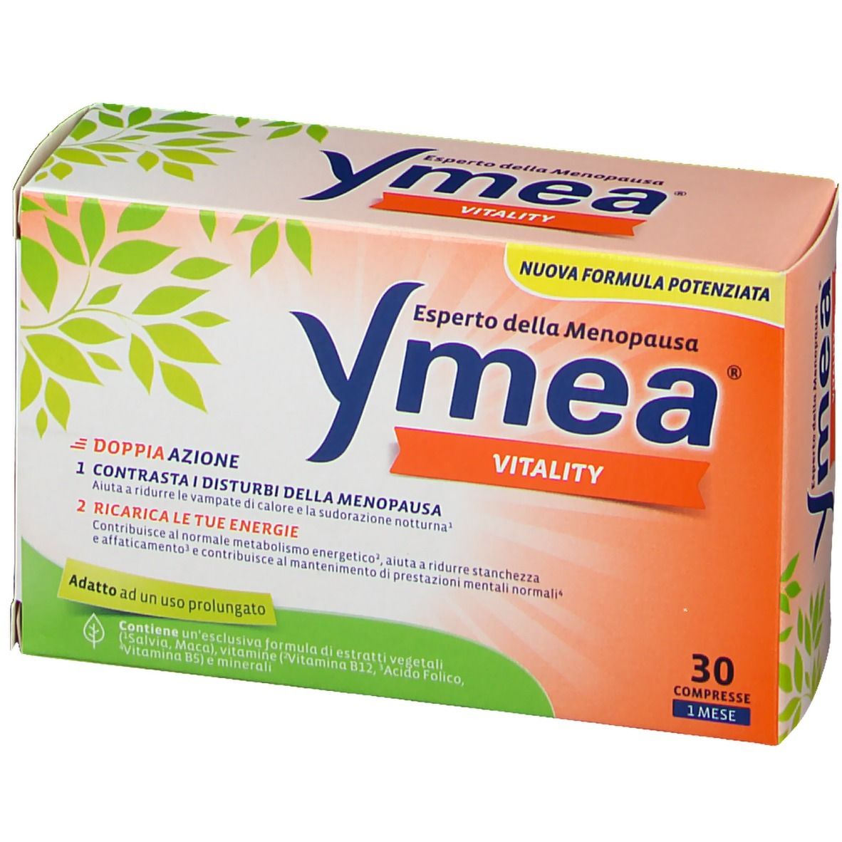 Fronte della confezione di Ymea® Vitality Compresse. Design arancione e bianco, nome del prodotto e 30 compresse.
