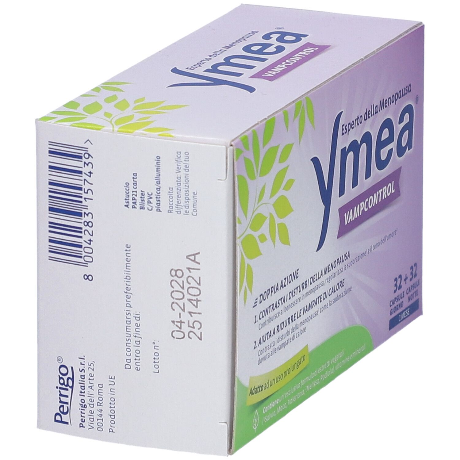 Vista laterale della confezione Ymea Vampcontrol. Contiene informazioni sugli ingredienti e la durata.