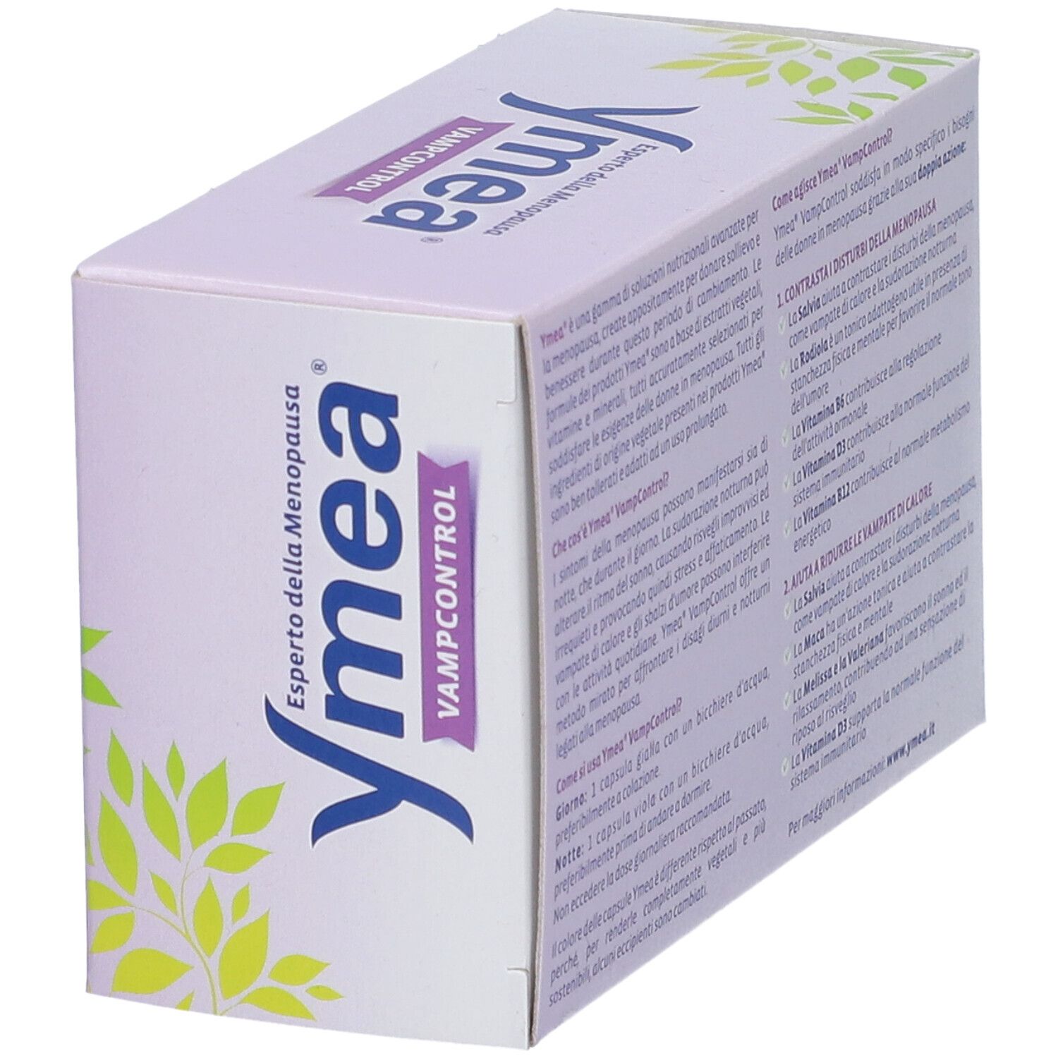 Vista obliqua della confezione Ymea Vampcontrol. Mostra l'etichetta del prodotto e il marchio.