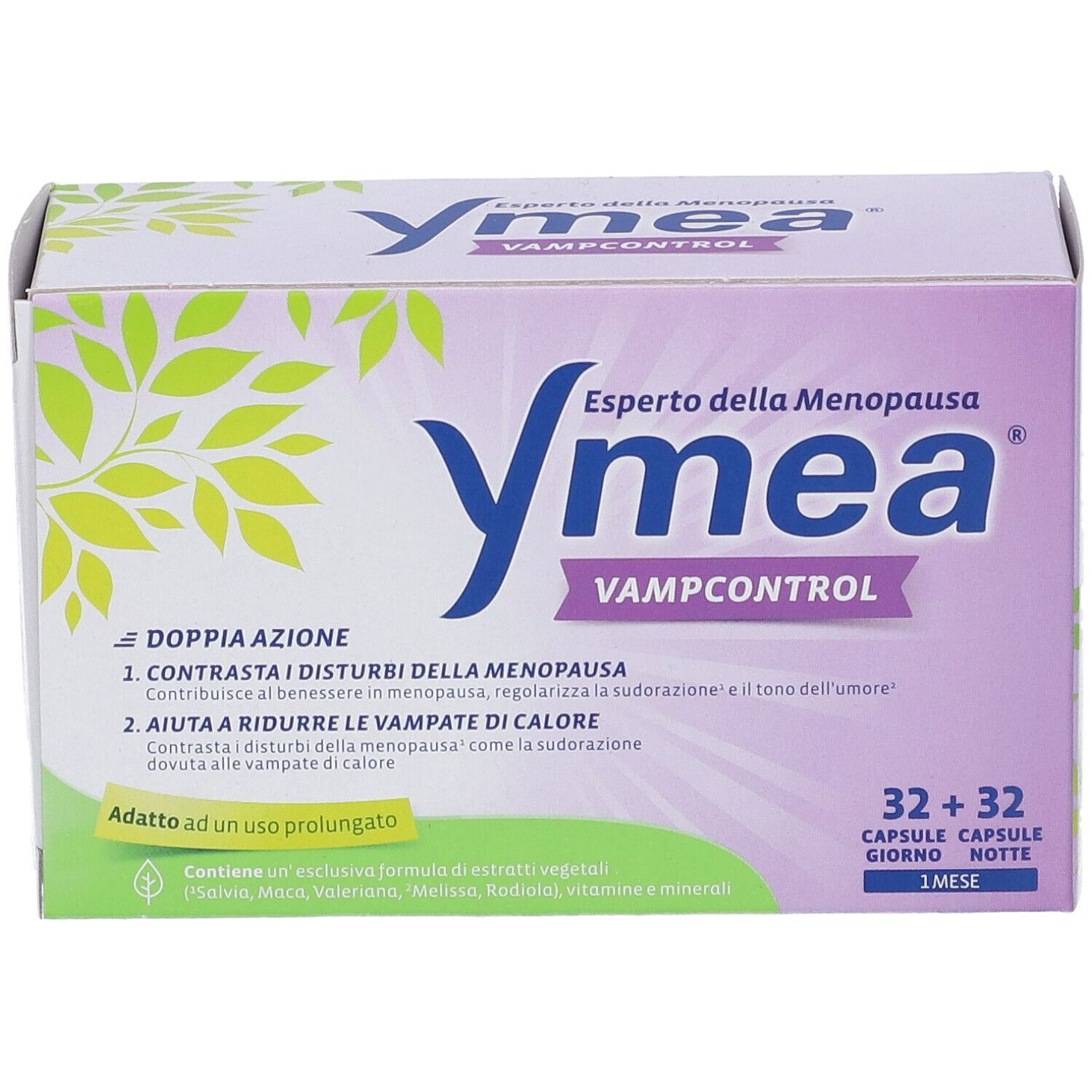Confezione Ymea Vampcontrol. Contiene 32 capsule giorno e 32 capsule notte. Scritta: Experto della Menopausa.