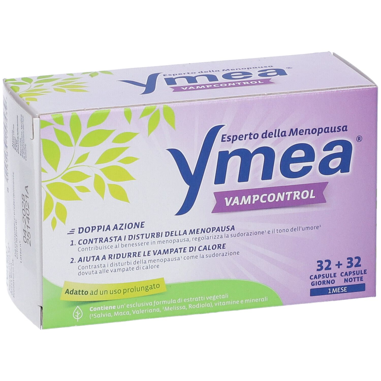 Confezione Ymea Vampcontrol. Contiene 32 capsule giorno e 32 capsule notte. Scritta: Experto della Menopausa.
