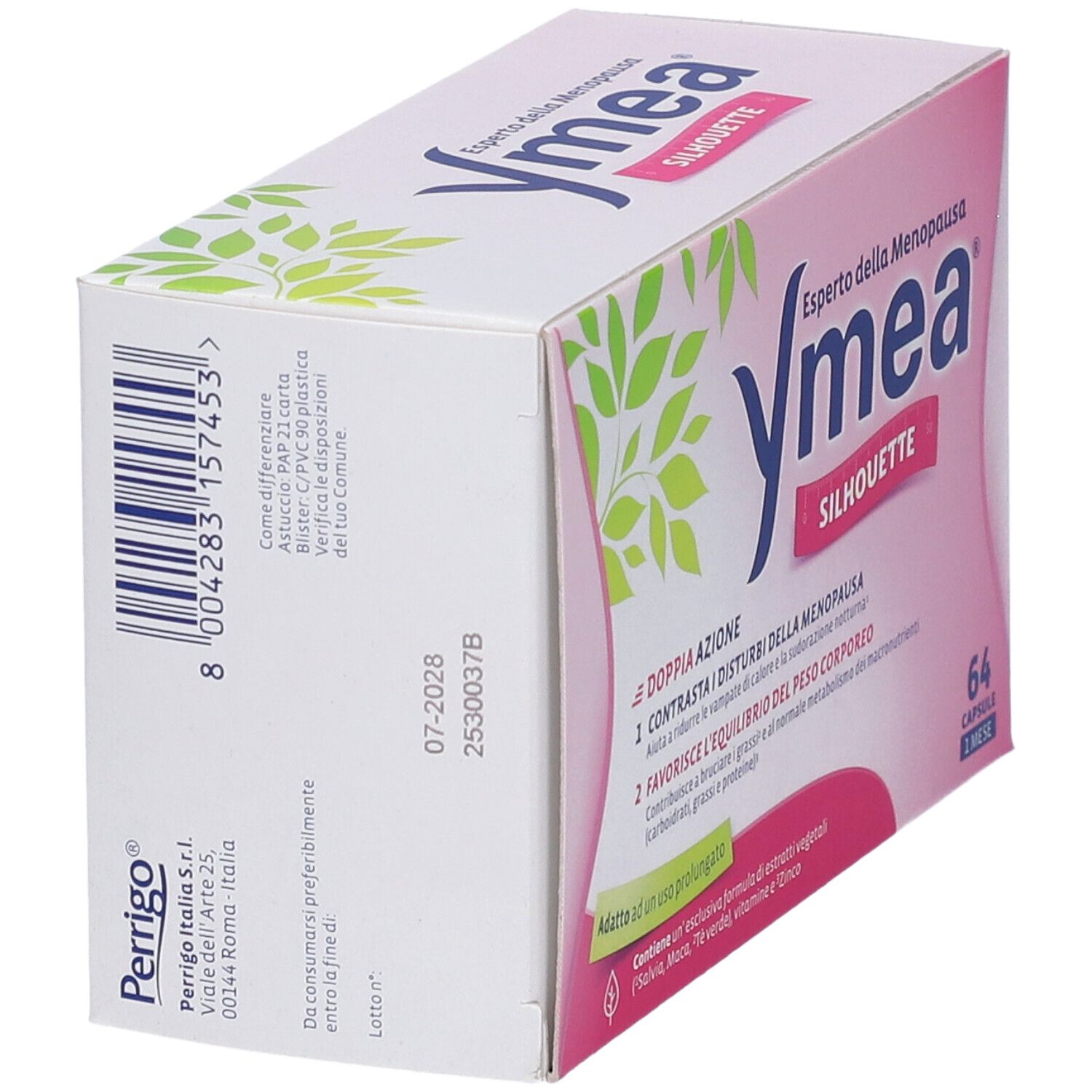 Vista laterale della scatola Ymea Silhouette. Testo: Experto della Menopausa. 64 capsule. Perrigo Italia s.r.l.