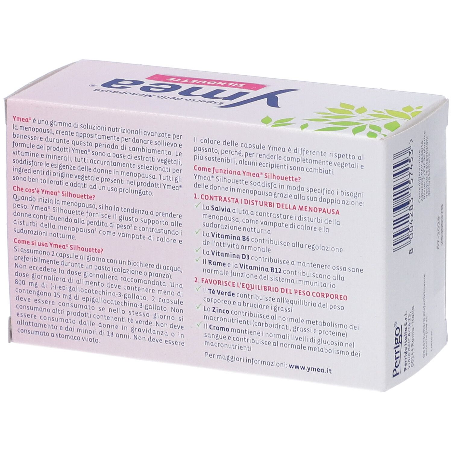 Retro della scatola Ymea Silhouette. Testo: Experto della Menopausa. Informazioni sugli ingredienti e l'uso.