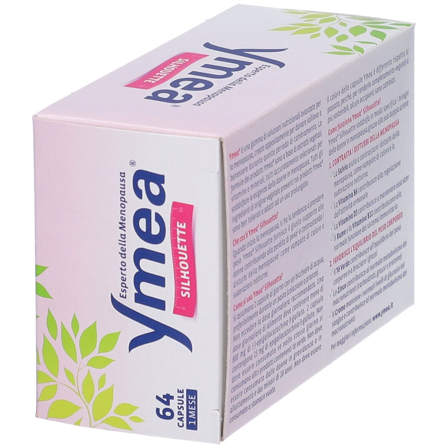 Vista obliqua della scatola Ymea Silhouette. Testo: Experto della Menopausa. 64 capsule. Informazioni sull'uso.
