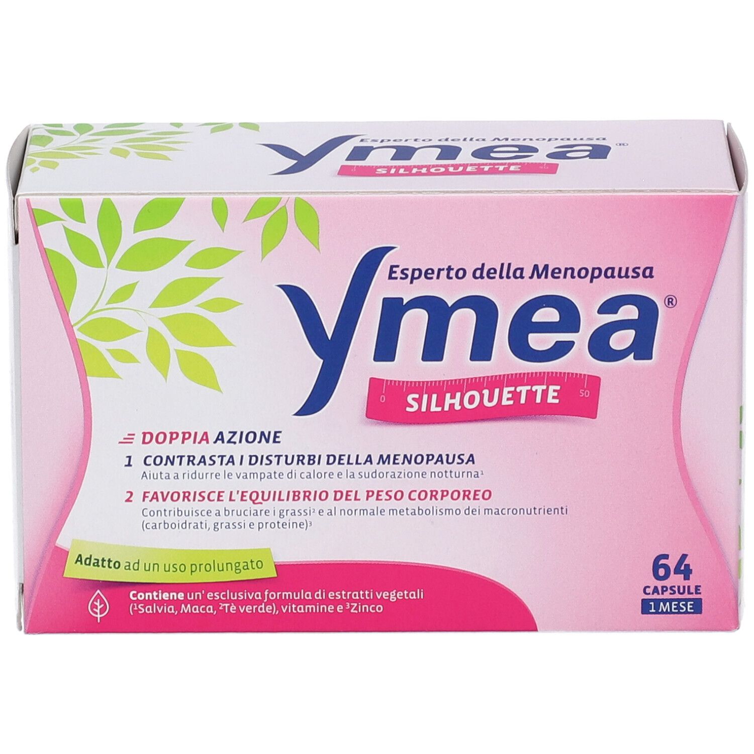 Scatola rosa Ymea Silhouette. Testo: Experto della Menopausa. 64 capsule. Doppia azione. Ingredienti.