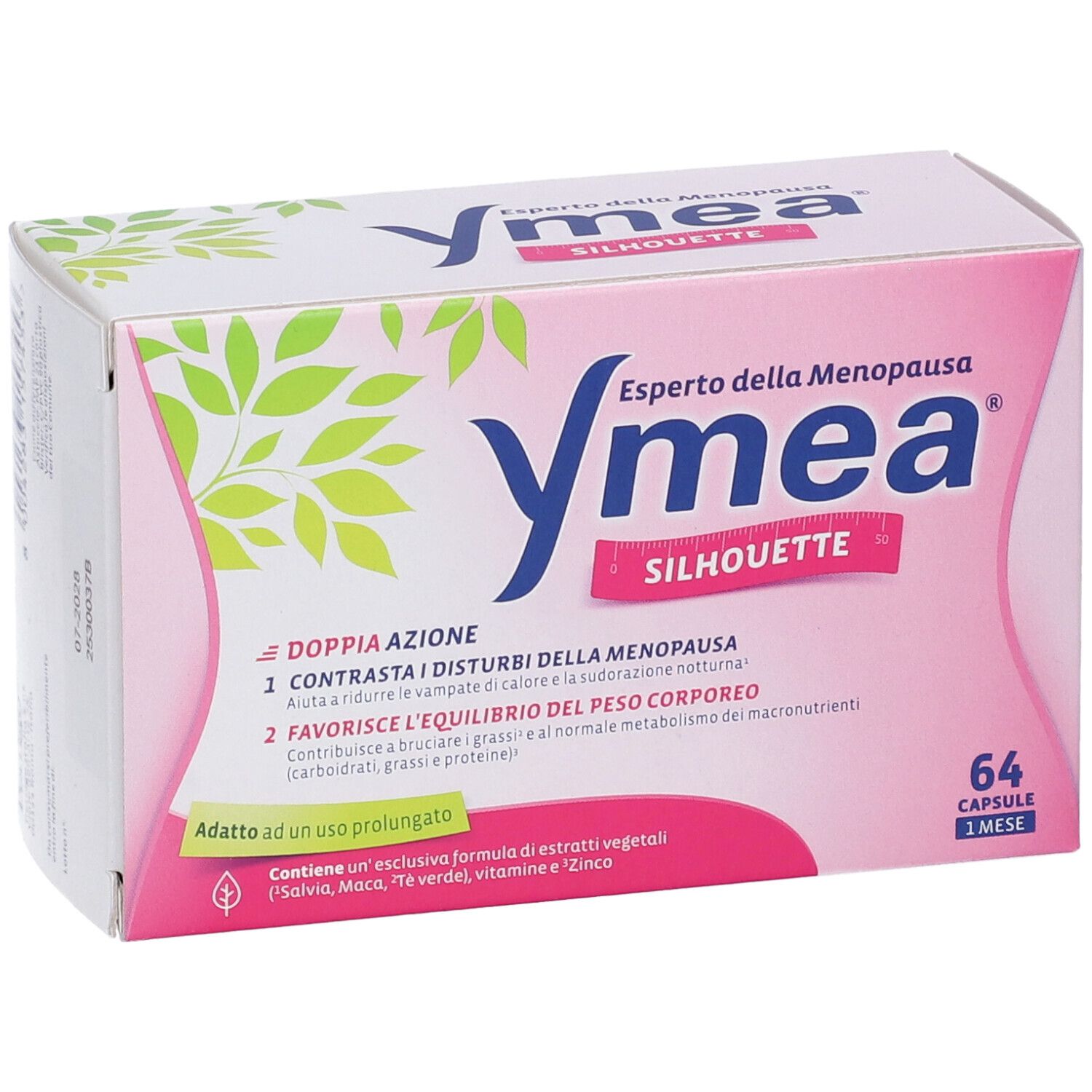 Scatola rosa Ymea Silhouette. Testo: Experto della Menopausa. 64 capsule. Doppia azione. Ingredienti.