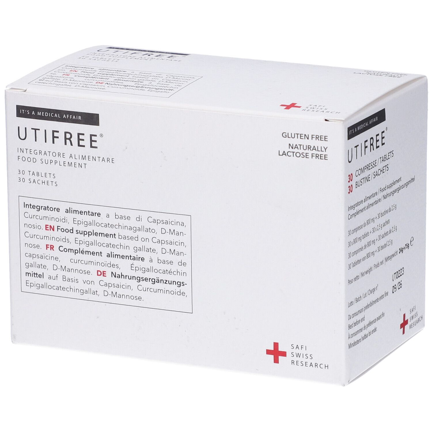 Scatola bianca, UTIFREE, 30 compresse, 30 bustine. Senza glutine, senza lattosio. Safi Swiss Research. Prodotto visto dall'alto e dal lato.