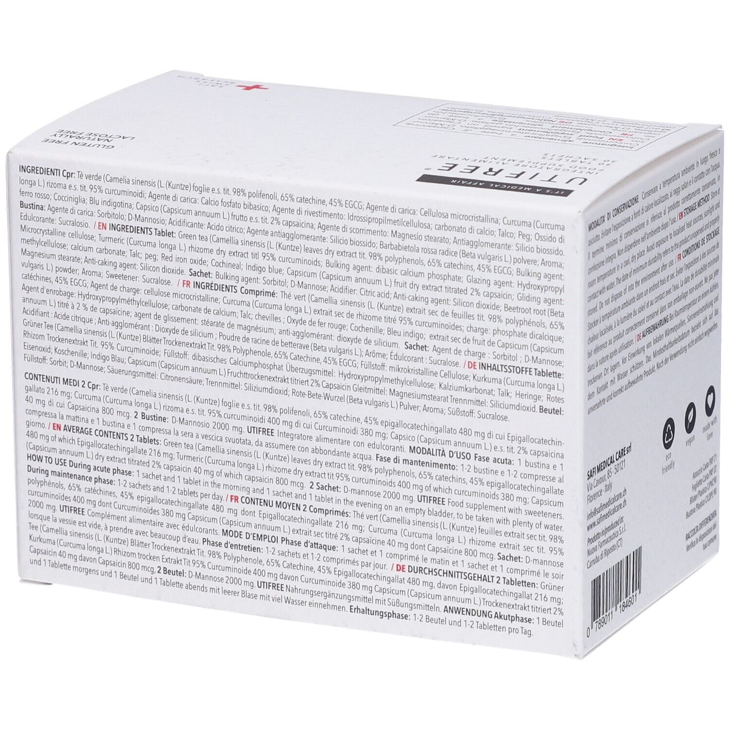 Scatola bianca, UTIFREE, 30 compresse, 30 bustine. Senza glutine, senza lattosio. Safi Swiss Research. Prodotto visto dall'alto e dal lato.