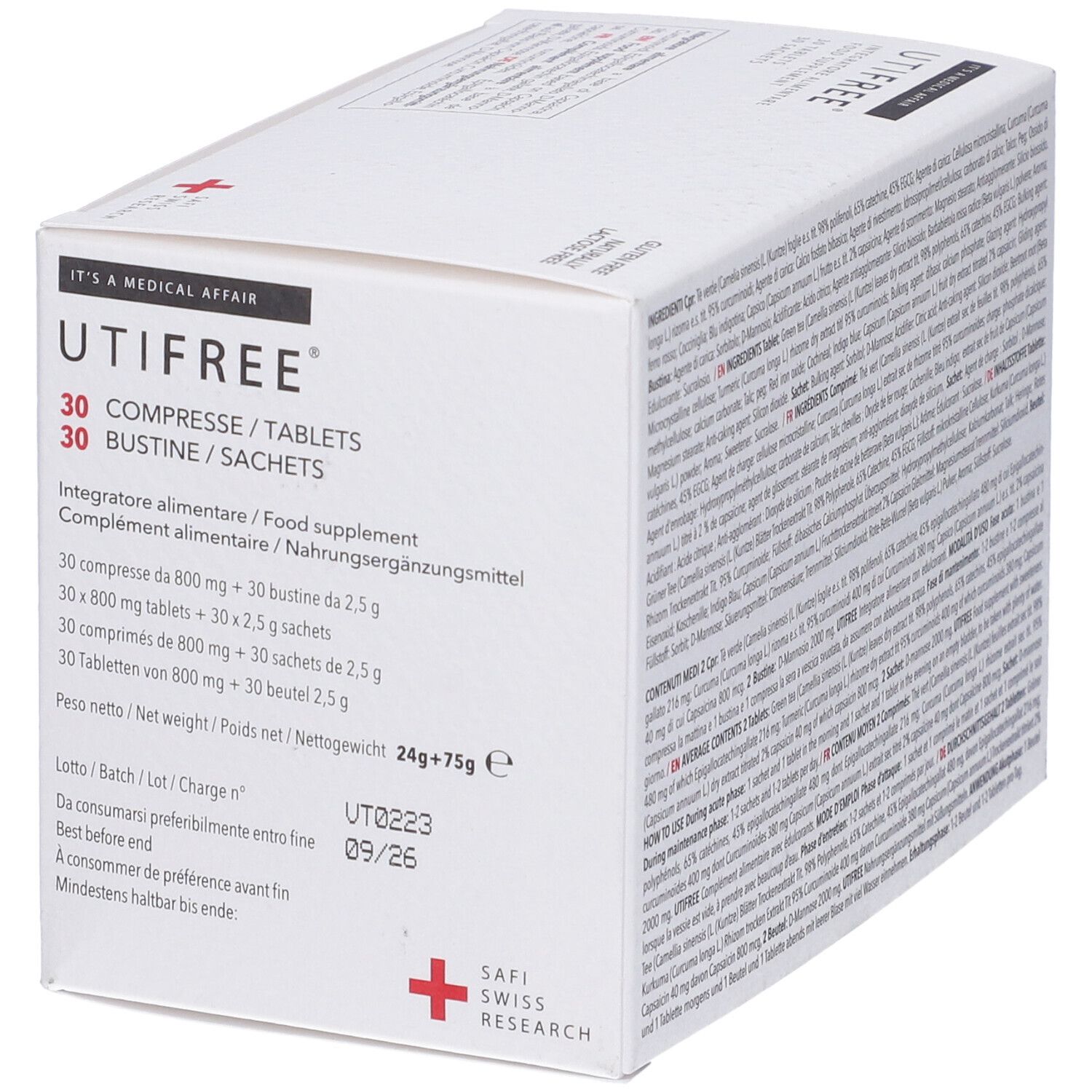 Scatola bianca, UTIFREE, 30 compresse, 30 bustine. Senza glutine, senza lattosio. Safi Swiss Research. Prodotto visto dall'alto e dal lato.