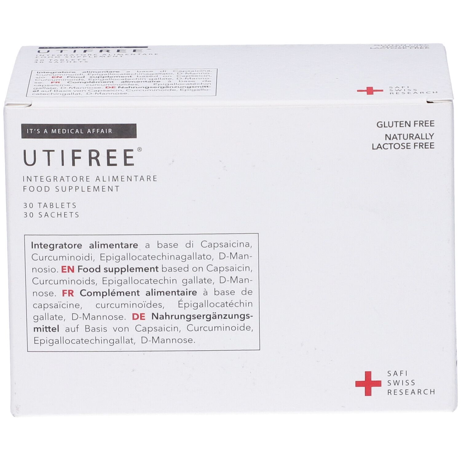 Scatola bianca, UTIFREE, 30 compresse, 30 bustine. Senza glutine, senza lattosio. Safi Swiss Research. Prodotto visto dall'alto e dal lato.