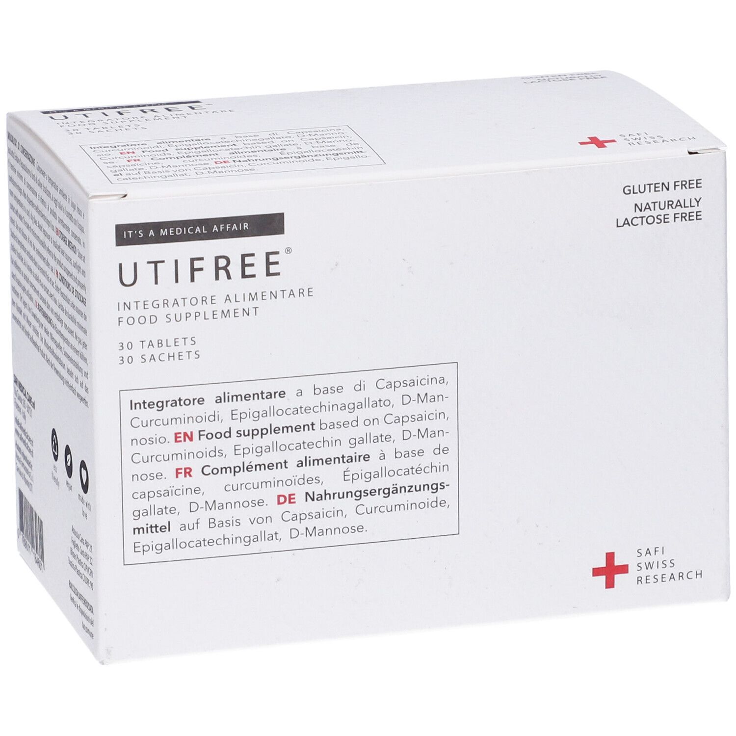 Scatola bianca, UTIFREE, 30 compresse, 30 bustine. Senza glutine, senza lattosio. Safi Swiss Research. Prodotto visto dall'alto e dal lato.