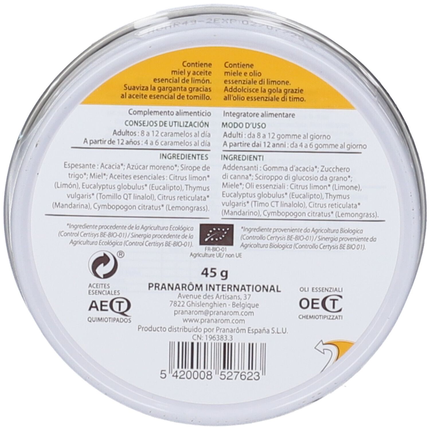 Retro della scatola Pranarom Aromaforce Bio Limone Gomme, 45g. Ingredienti e modo d'uso.