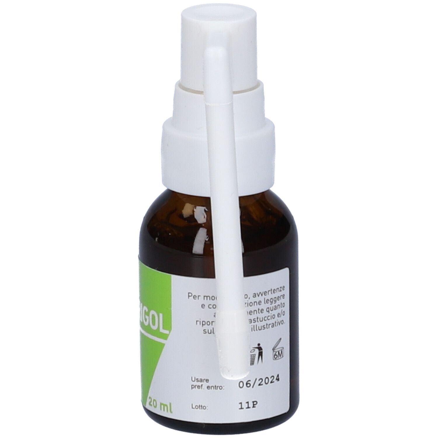Flacone di vetro marrone con erogatore e applicatore bianchi. Scritta: OTOLARIGOL Spray Orale. Etichetta verde. Scadenza 06/2024.
