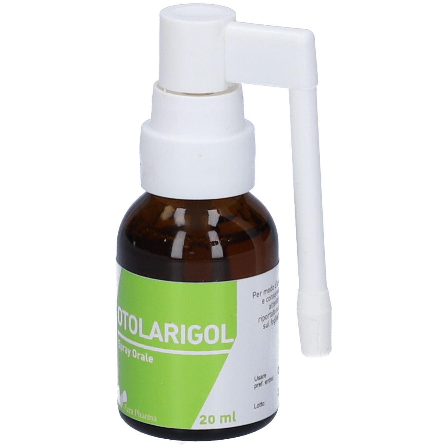 Flacone di vetro marrone con erogatore e applicatore bianchi. Scritta: OTOLARIGOL Spray Orale. Etichetta verde con 20 ml.