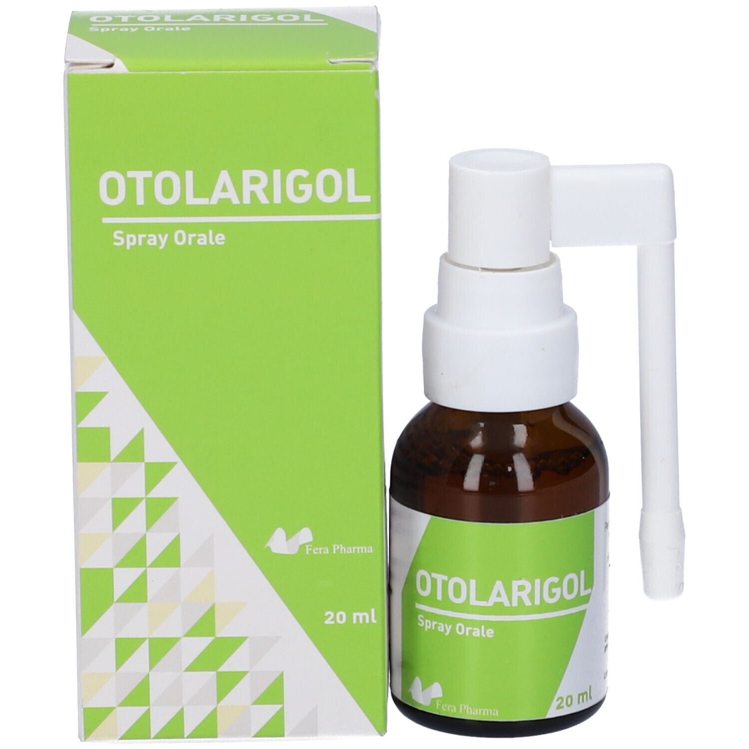 Confezione e flacone. Scritta: OTOLARIGOL Spray Orale. Confezione ed etichetta verdi. Flacone con 20 ml.