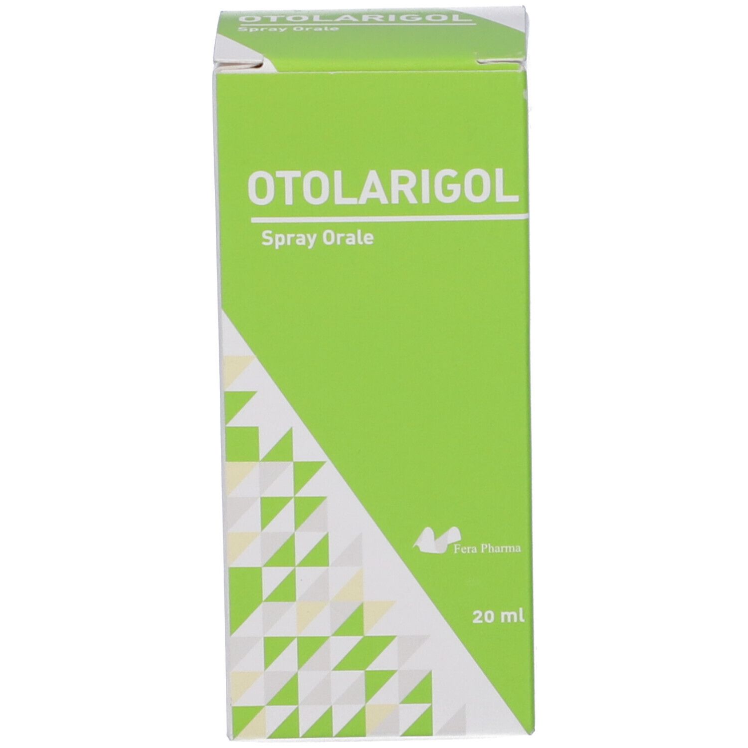 Confezione verde del prodotto. Scritta: OTOLARIGOL Spray Orale. Logo e 20 ml. Sfondo bianco.