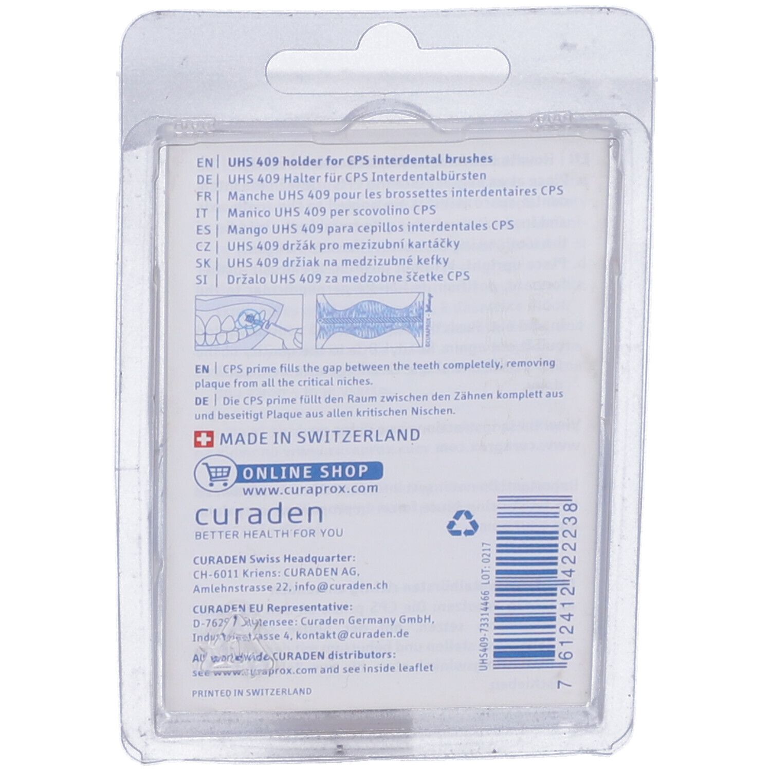 Retro della confezione blister con testo: UHS 409 Halter per spazzolini interdentali. Testo: Made in Switzerland, curaden, better health for you.