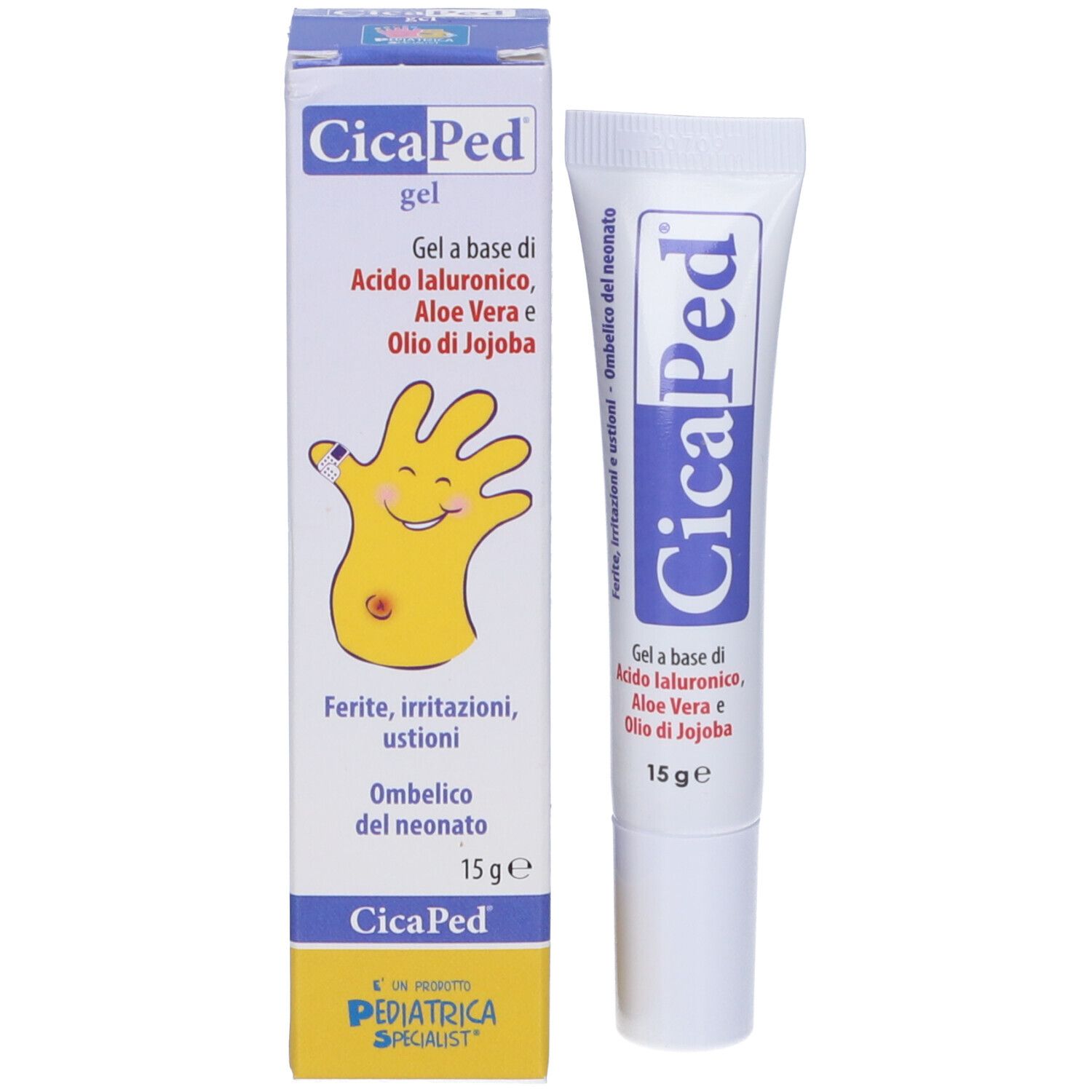 Tubo e confezione di gel CicaPed. Contiene acido ialuronico, aloe vera e olio di jojoba. 15g. Con disegno di una mano.
