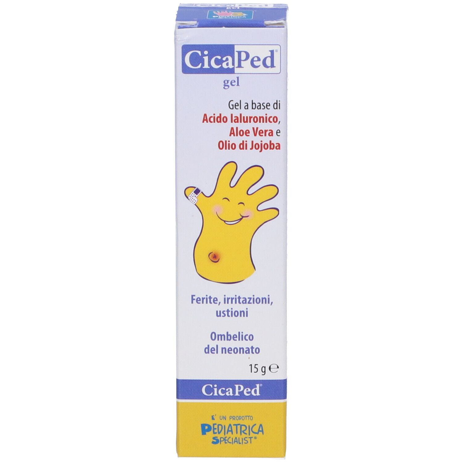 Confezione di gel CicaPed. Contiene acido ialuronico, aloe vera e olio di jojoba. 15g. Con disegno di una mano.
