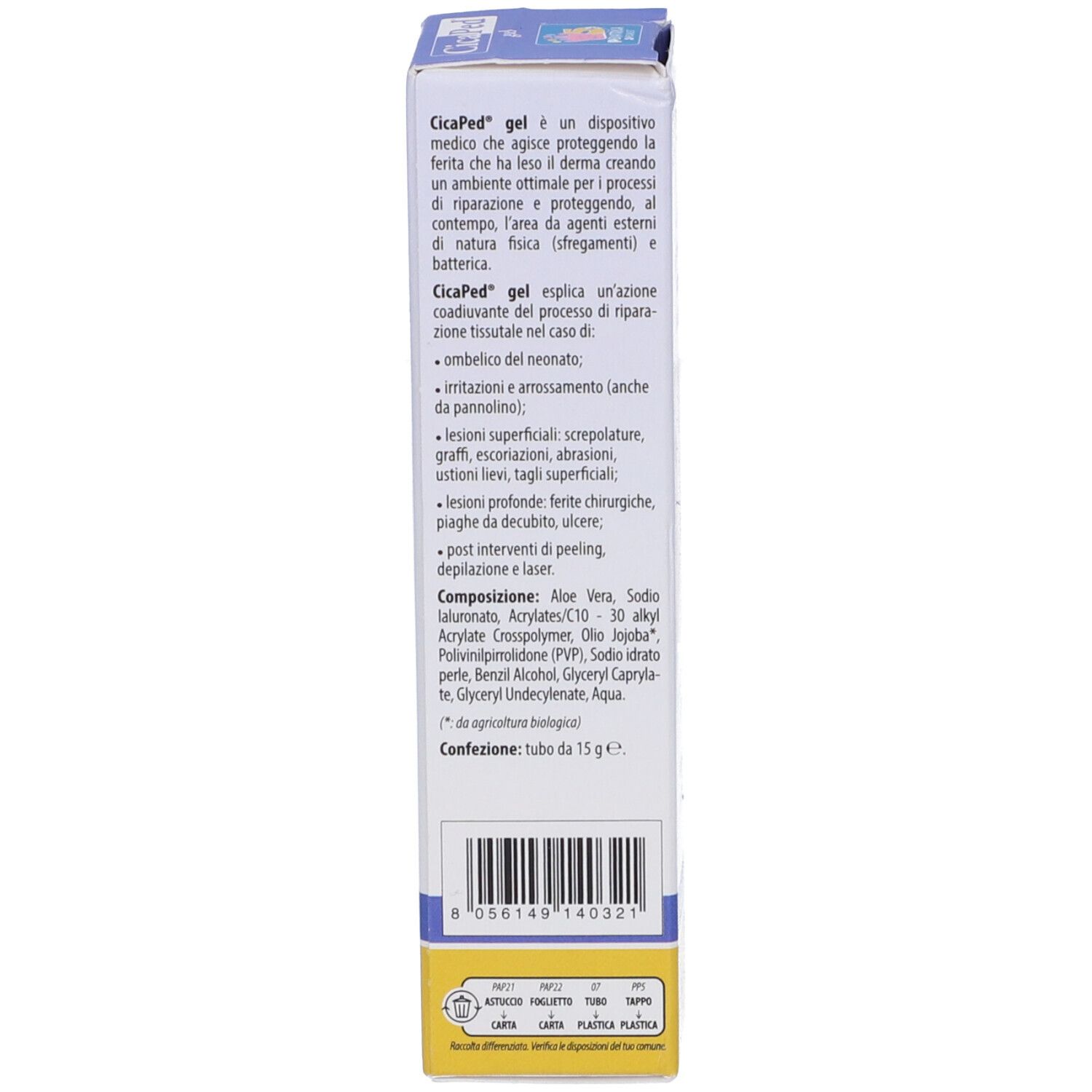 Retro della confezione di gel CicaPed. Informazioni testuali, ingredienti, dettagli del produttore e numero di lotto.
