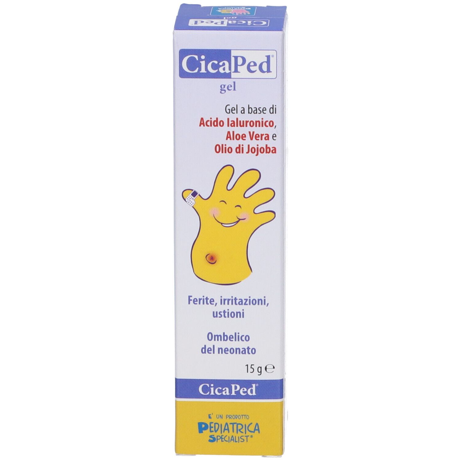 Confezione di gel CicaPed. Contiene acido ialuronico, aloe vera e olio di jojoba. 15g. Con disegno di una mano.