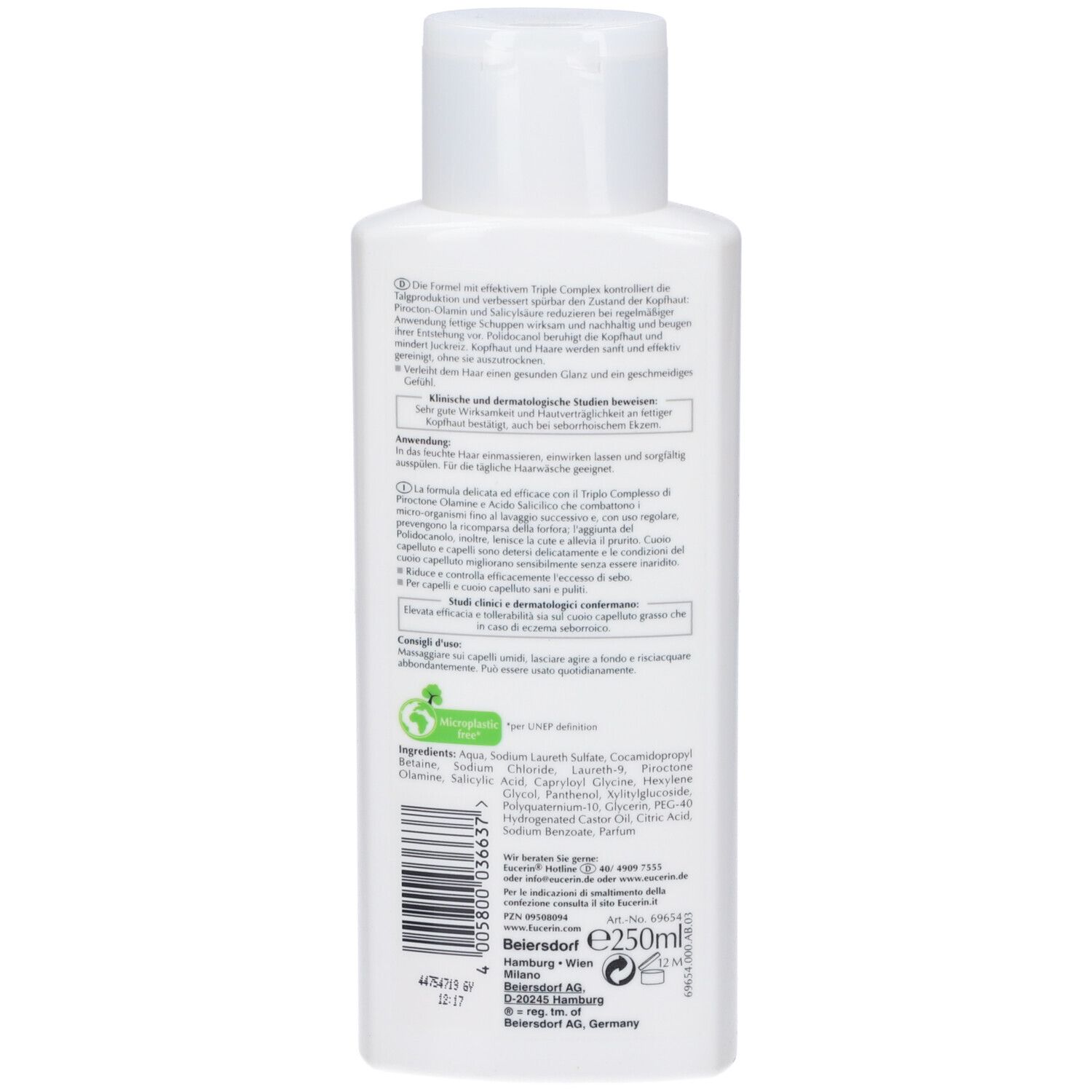 Retro del flacone di shampoo Eucerin DermoCapillaire. Informazioni testuali, ingredienti e logo. 250ml.