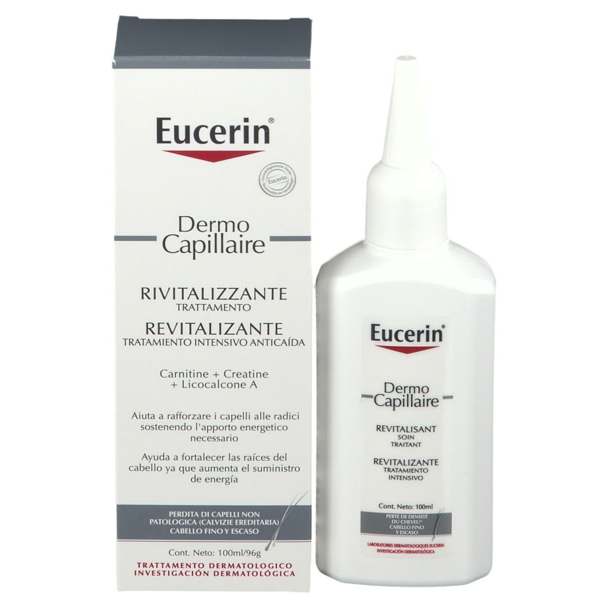 Eucerin DermoCapillaire con confezione. Flacone e scatola. Nome e logo del prodotto. Testo in italiano.
