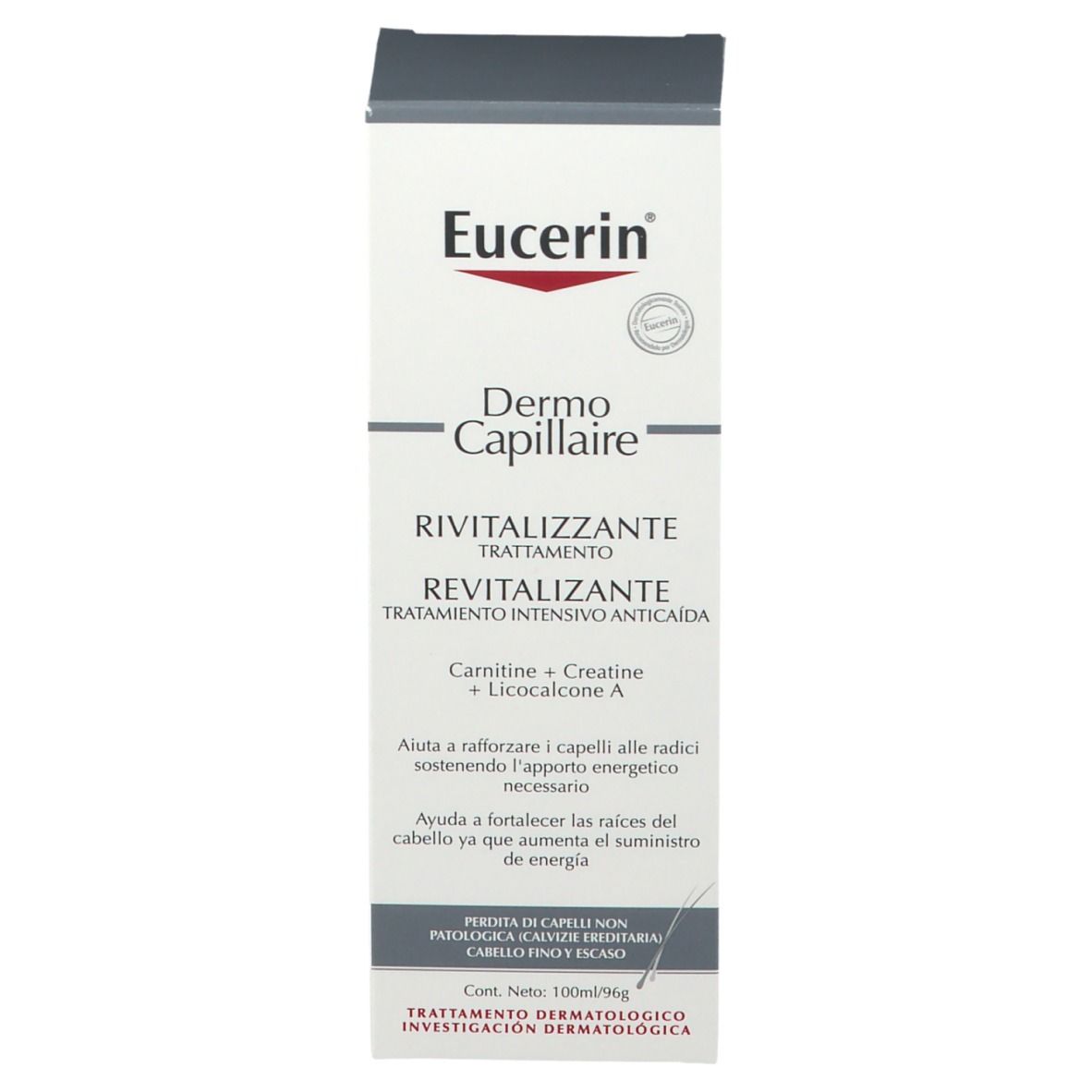 Confezione Eucerin DermoCapillaire. Scatola con nome e logo del prodotto. Testo in italiano.