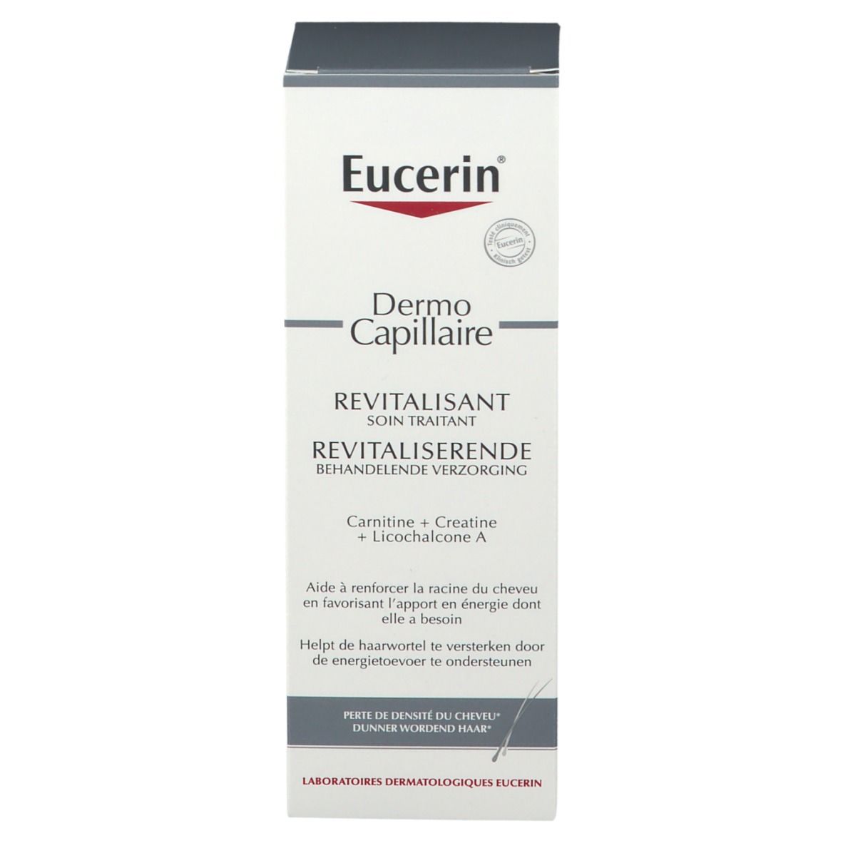 Confezione Eucerin DermoCapillaire. Nome e logo del prodotto. Testo multilingue. Ingredienti.