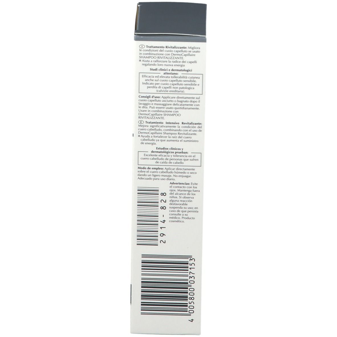 Retro confezione Eucerin. Codice a barre. Testo multilingue. Informazioni produttore.