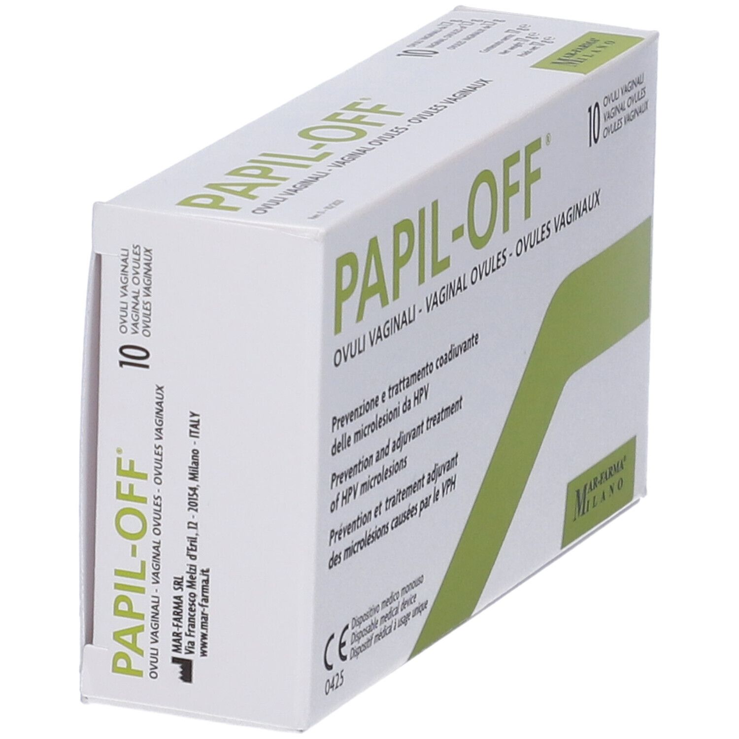 Scatola di Papil-Off Ovuli Vaginali. 10 ovuli vaginali. Dispositivo medico. Confezione con testo e logo.