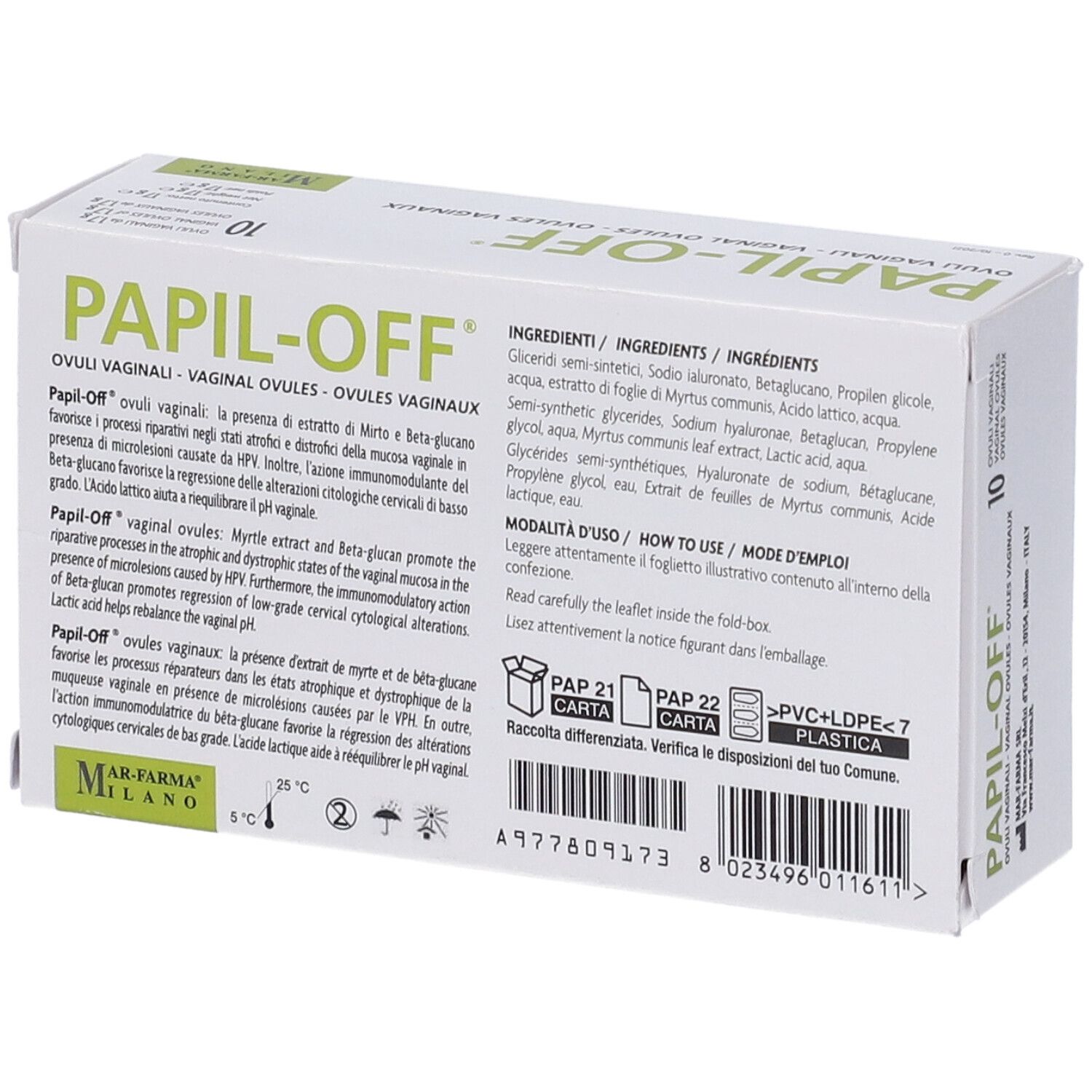 Scatola Papil-Off Ovuli Vaginali. Retro con ingredienti e istruzioni. 10 pezzi.