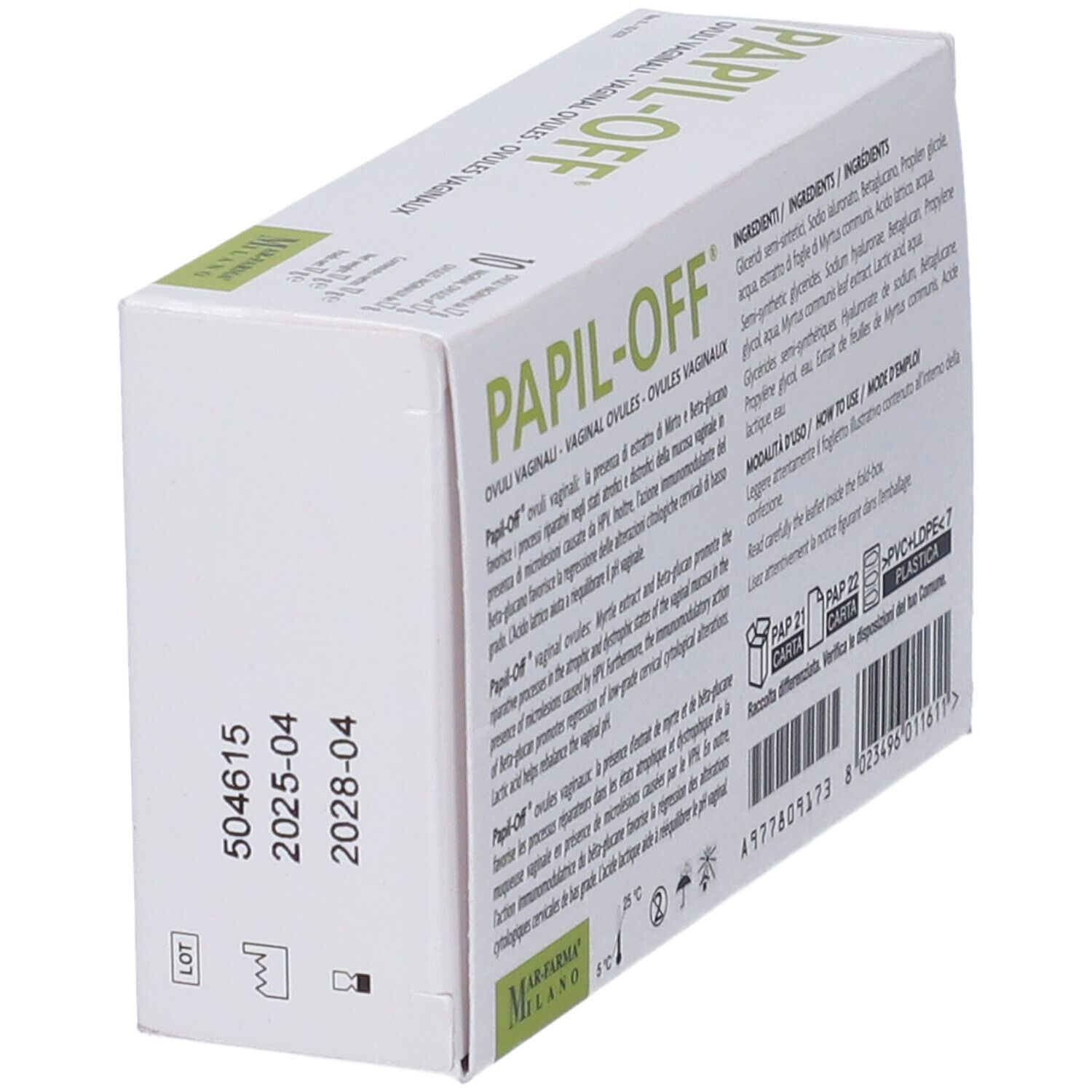 Scatola Papil-Off Ovuli Vaginali. Retro con testo e codice a barre. 10 pezzi. Dispositivo medico.