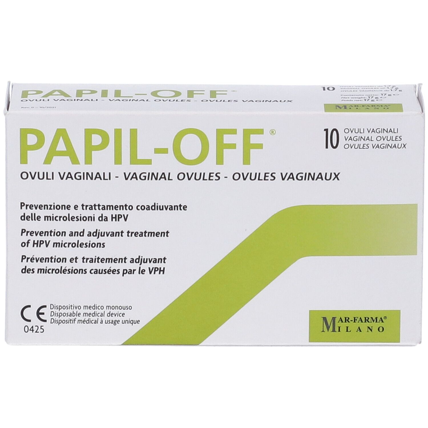 Scatola Papil-Off Ovuli Vaginali. 10 ovuli vaginali. Dispositivo medico. Confezione verde e bianca.
