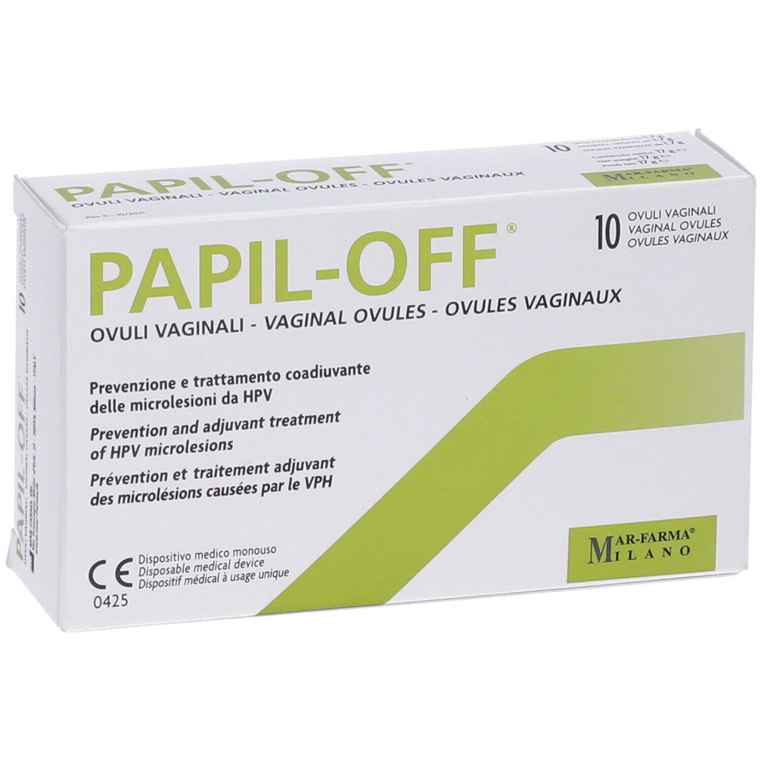 Scatola Papil-Off Ovuli Vaginali. 10 ovuli vaginali. Dispositivo medico. Confezione verde e bianca.